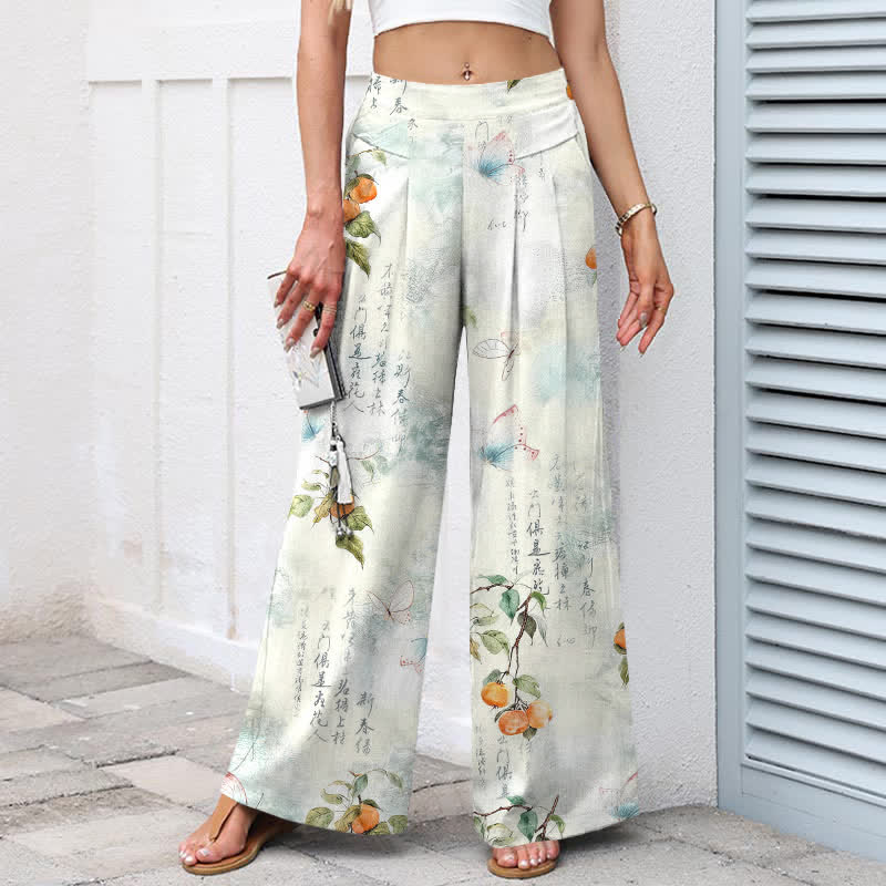 Buddha Stones Pantalon large en coton et lin à motif papillons et agrumes vintage, avec poches et taille élastique - image 1