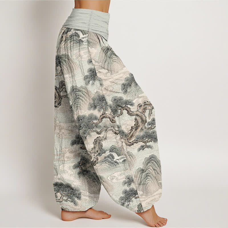 Buddha Stones Pantalon harem femme en coton délavé à motif paysage et taille élastique - image 1