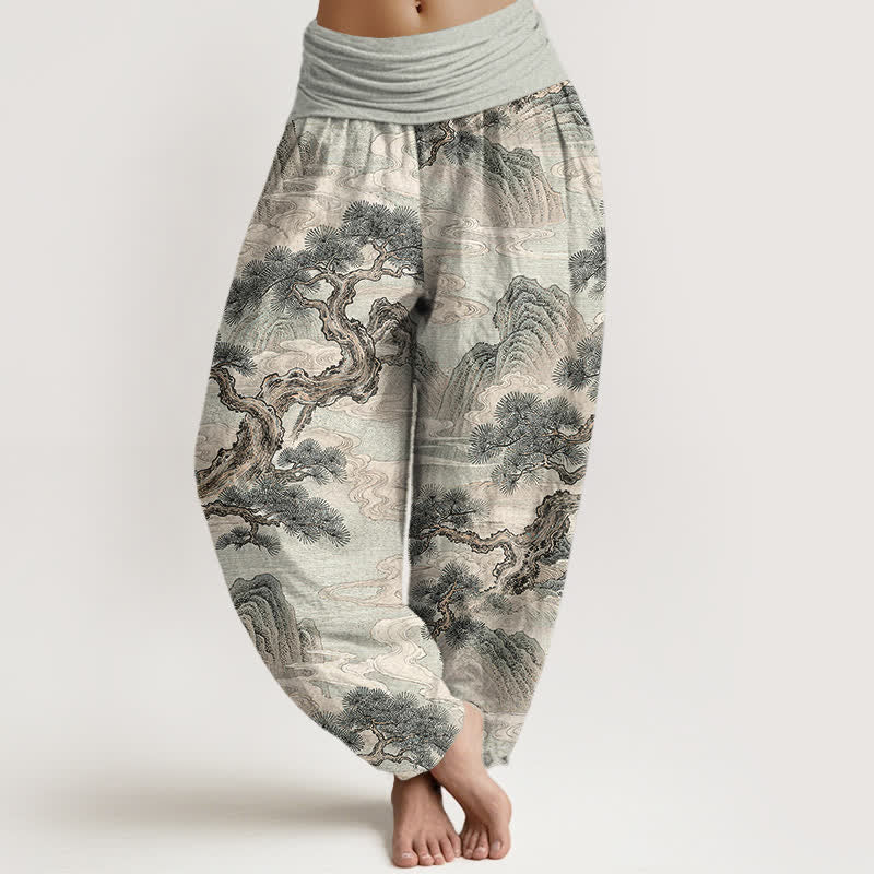 Buddha Stones Pantalon harem femme en coton délavé à motif paysage et taille élastique - Gris clair - US16，UK/AU20，EU48 (3XL) - image 0
