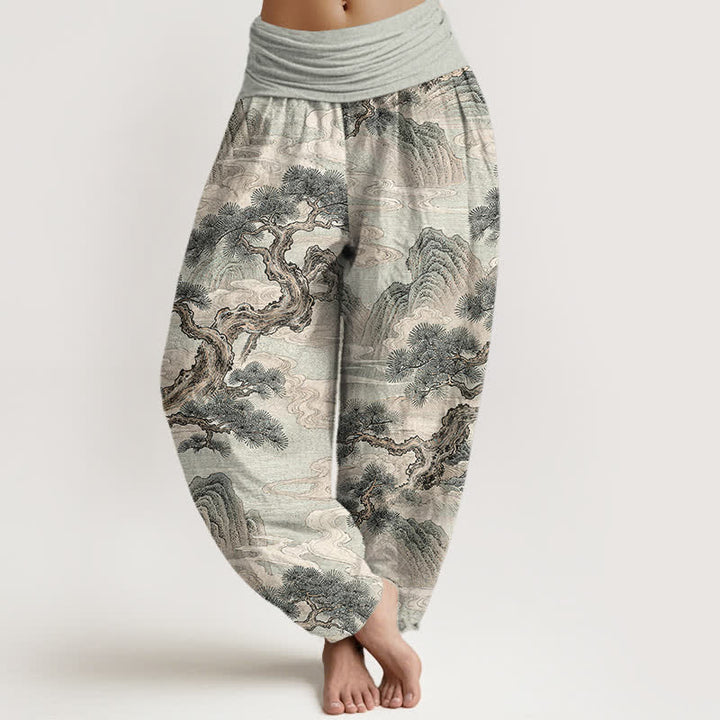 Buddha Stones Pantalon harem femme en coton délavé à motif paysage et taille élastique - Gris clair - US16，UK/AU20，EU48 (3XL) - image 0
