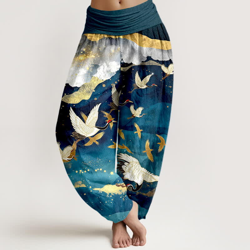 Buddha Stones Pantalon harem à taille élastique pour femme, en coton, motif grue volante et nuage doré - Sarcelle - US16，UK/AU20，EU48 (3XL) - image 0