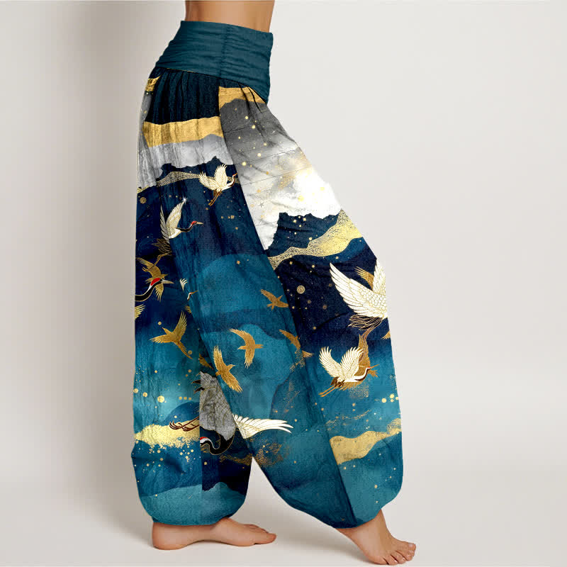 Buddha Stones Pantalon harem à taille élastique pour femme, en coton, motif grue volante et nuage doré - image 1