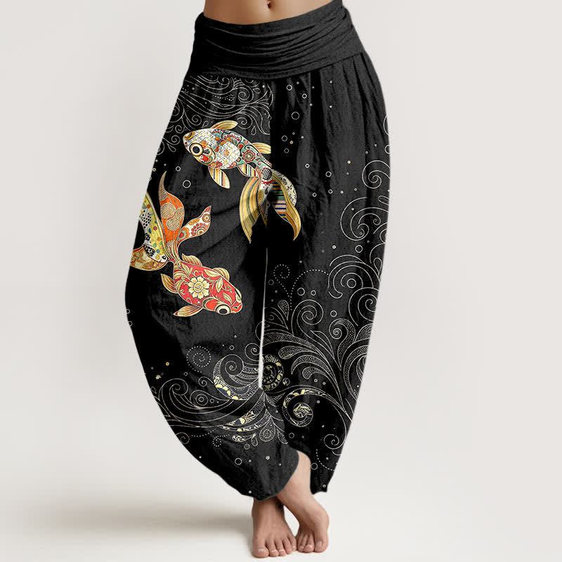 Buddha Stones Pantalon harem à taille élastique pour femme, motif tourbillon de carpes koï en coton - Noir - US16，UK/AU20，EU48 (3XL) - image 0