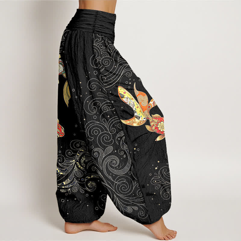 Buddha Stones Pantalon harem à taille élastique pour femme, motif tourbillon de carpes koï en coton - image 1
