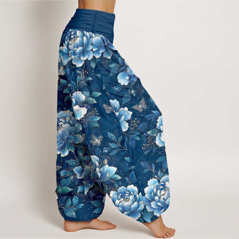 Buddha Stones Pantalon harem à taille élastique pour femme, motif pivoines et papillons en coton - image 1