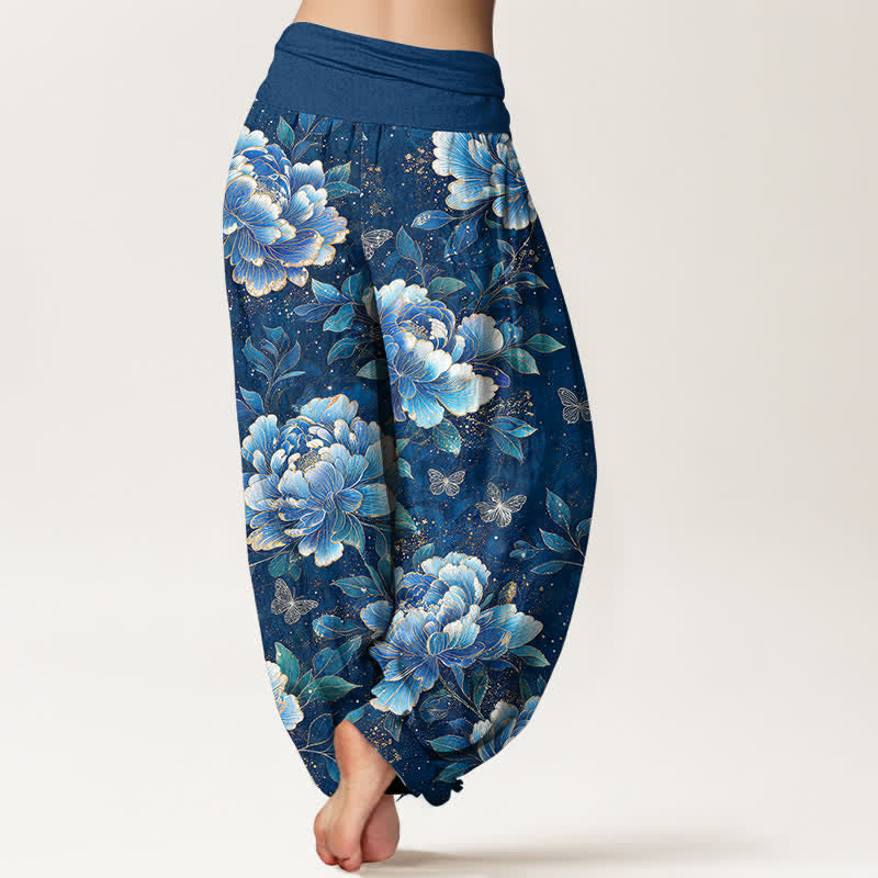 Buddha Stones Pantalon harem à taille élastique pour femme, motif pivoines et papillons en coton - image 2