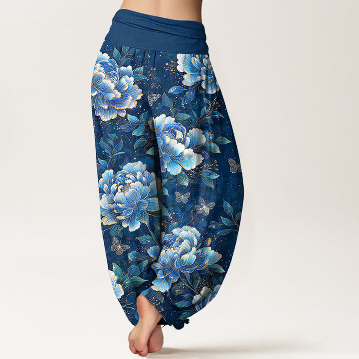 Buddha Stones Pantalon harem à taille élastique pour femme, motif pivoines et papillons en coton - image 2