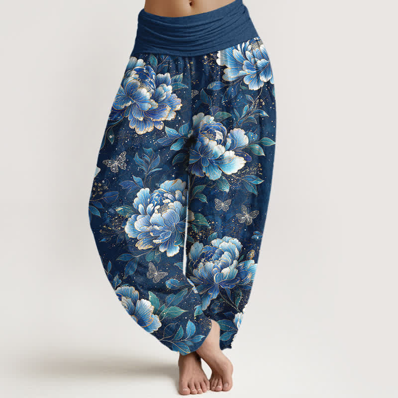 Buddha Stones Pantalon harem à taille élastique pour femme, motif pivoines et papillons en coton - Marine - US16，UK/AU20，EU48 (3XL) - image 0