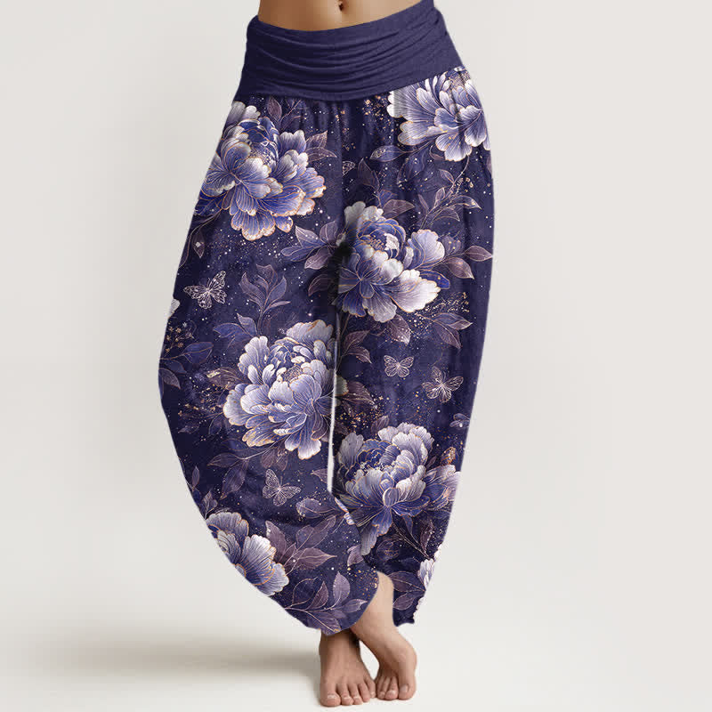 Buddha Stones Pantalon harem à taille élastique pour femme, motif pivoines et papillons en coton - Indigo - US16，UK/AU20，EU48 (3XL) - image 5