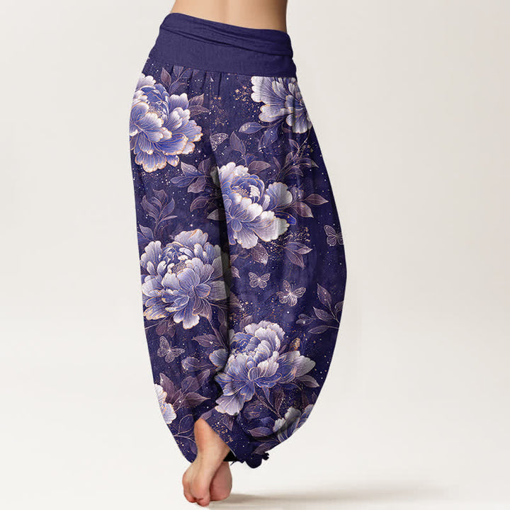 Buddha Stones Pantalon harem à taille élastique pour femme, motif pivoines et papillons en coton - image 7