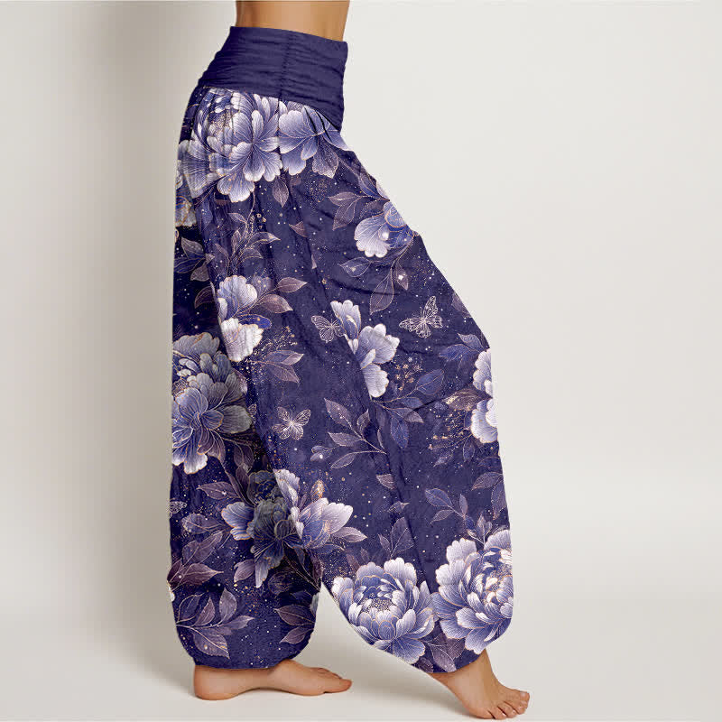 Buddha Stones Pantalon harem à taille élastique pour femme, motif pivoines et papillons en coton - image 6