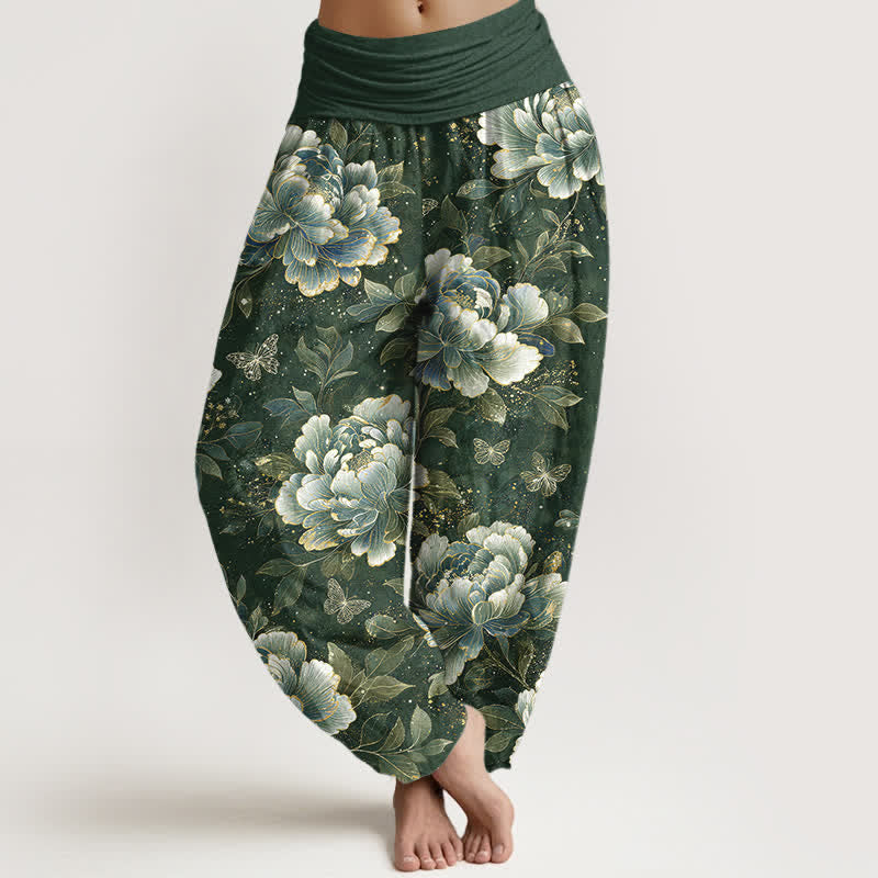 Buddha Stones Pantalon harem à taille élastique pour femme, motif pivoines et papillons en coton - Vert d'eau - US16，UK/AU20，EU48 (3XL) - image 8