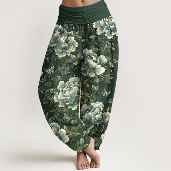 Buddha Stones Pantalon harem à taille élastique pour femme, motif pivoines et papillons en coton - Vert d'eau - US16，UK/AU20，EU48 (3XL) - image 8