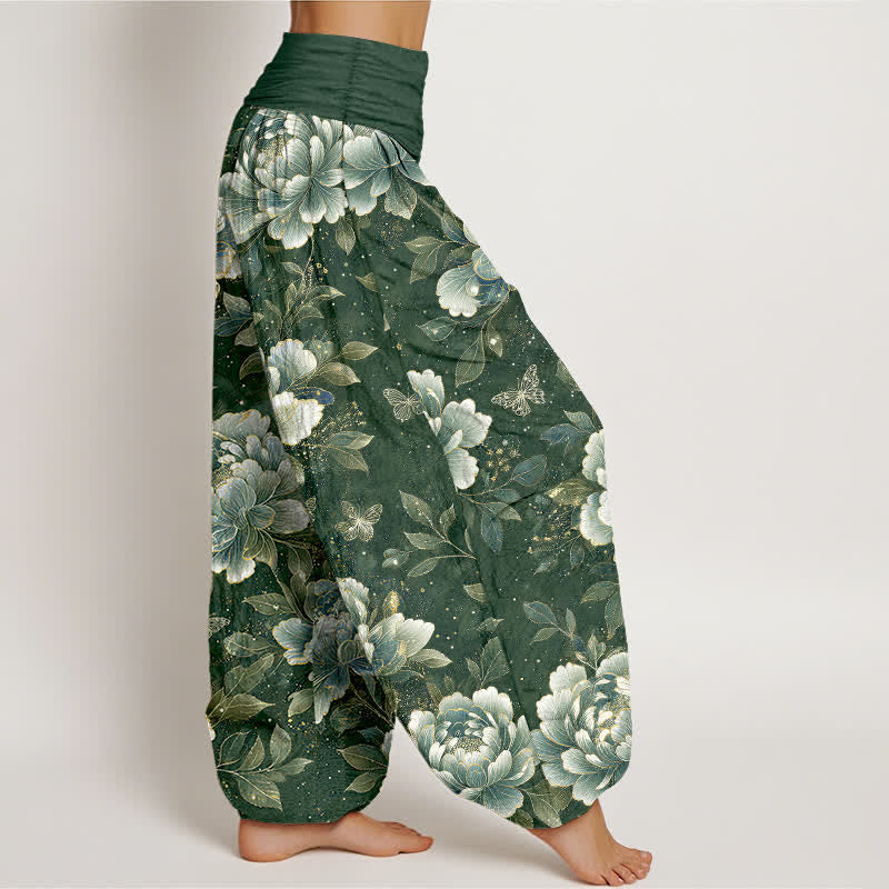 Buddha Stones Pantalon harem à taille élastique pour femme, motif pivoines et papillons en coton - image 9