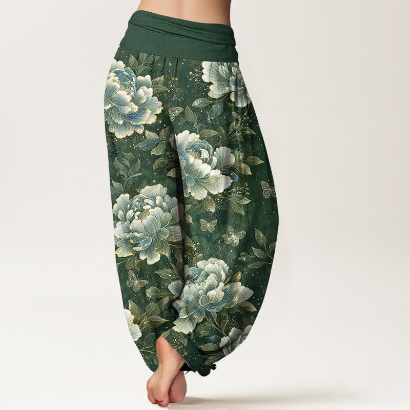 Buddha Stones Pantalon harem à taille élastique pour femme, motif pivoines et papillons en coton - image 10