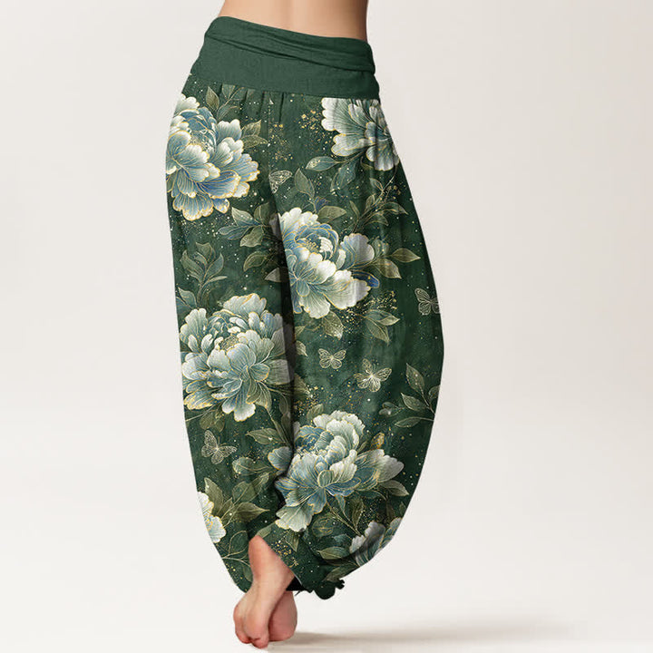 Buddha Stones Pantalon harem à taille élastique pour femme, motif pivoines et papillons en coton - image 10