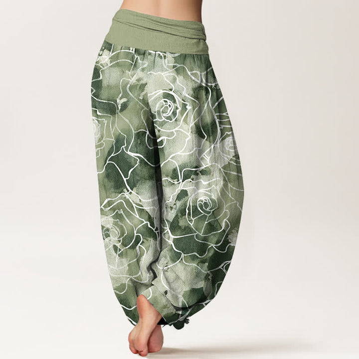 Buddha Stones Pantalon harem pour femme en coton blanc à motif de roses et taille élastique - image 2