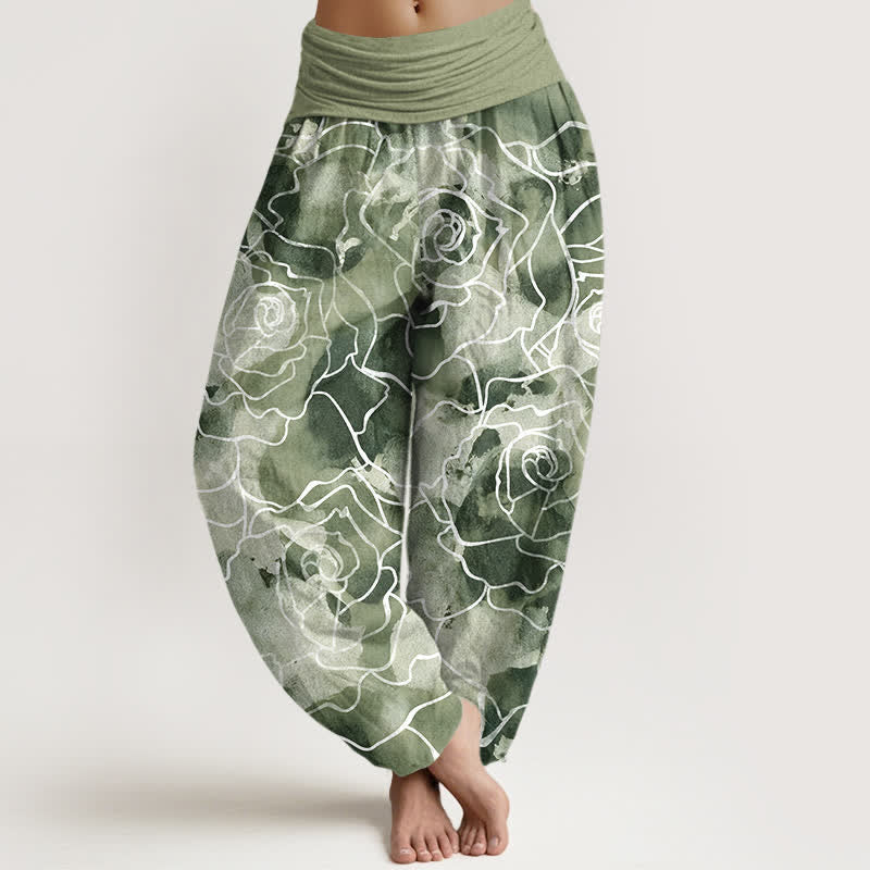 Buddha Stones Pantalon harem pour femme en coton blanc à motif de roses et taille élastique - Vert foncé - US16，UK/AU20，EU48 (3XL) - image 0