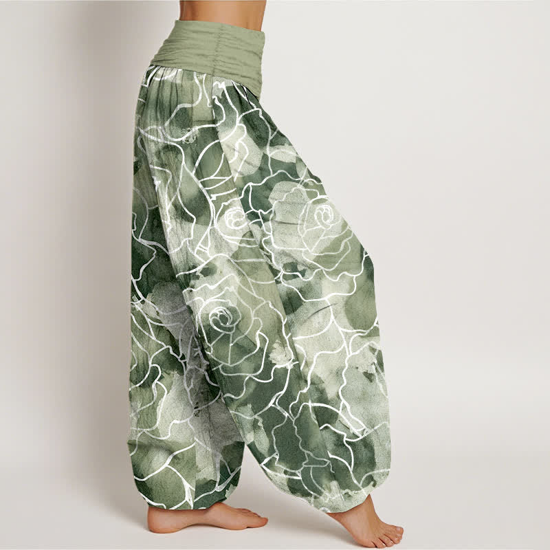 Buddha Stones Pantalon harem pour femme en coton blanc à motif de roses et taille élastique - image 1
