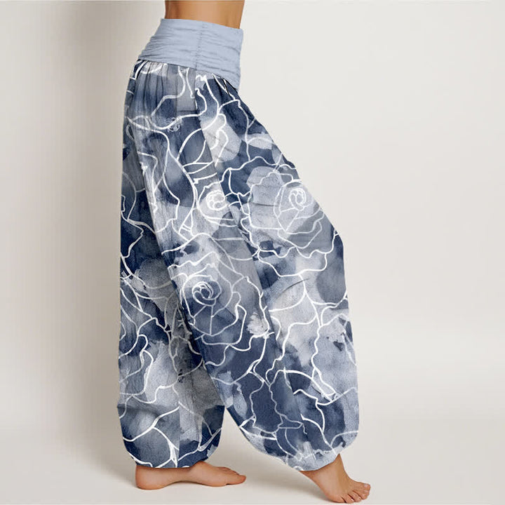 Buddha Stones Pantalon harem pour femme en coton blanc à motif de roses et taille élastique - image 6