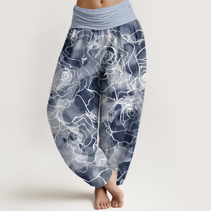 Buddha Stones Pantalon harem pour femme en coton blanc à motif de roses et taille élastique - Bleu clair - US16，UK/AU20，EU48 (3XL) - image 5