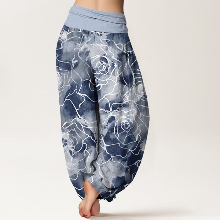 Buddha Stones Pantalon harem pour femme en coton blanc à motif de roses et taille élastique - image 7