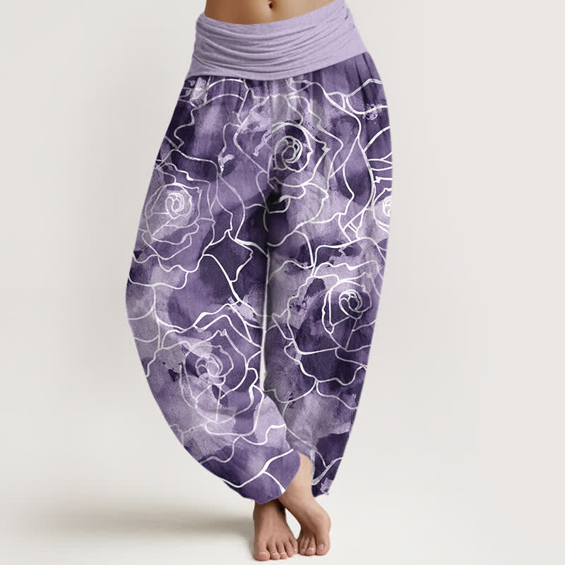Buddha Stones Pantalon harem pour femme en coton blanc à motif de roses et taille élastique - Violet moyen - US16，UK/AU20，EU48 (3XL) - image 8