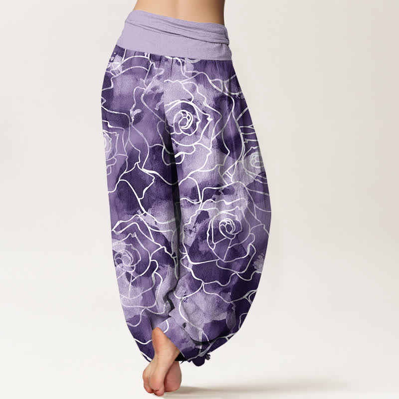 Buddha Stones Pantalon harem pour femme en coton blanc à motif de roses et taille élastique - image 10