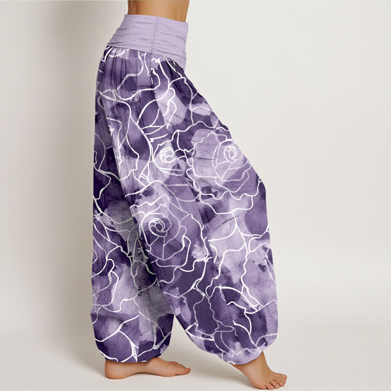 Buddha Stones Pantalon harem pour femme en coton blanc à motif de roses et taille élastique - image 9