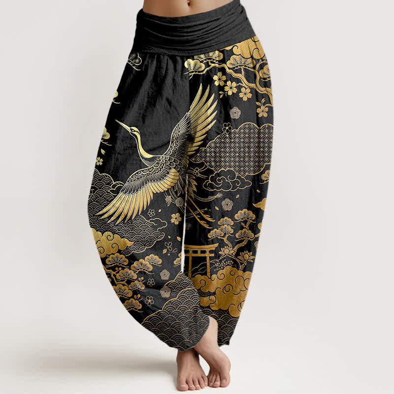 Buddha Stones Pantalon harem à taille élastique pour femme, en coton, motif grues dorées et nuages - Noir - US16，UK/AU20，EU48 (3XL) - image 0