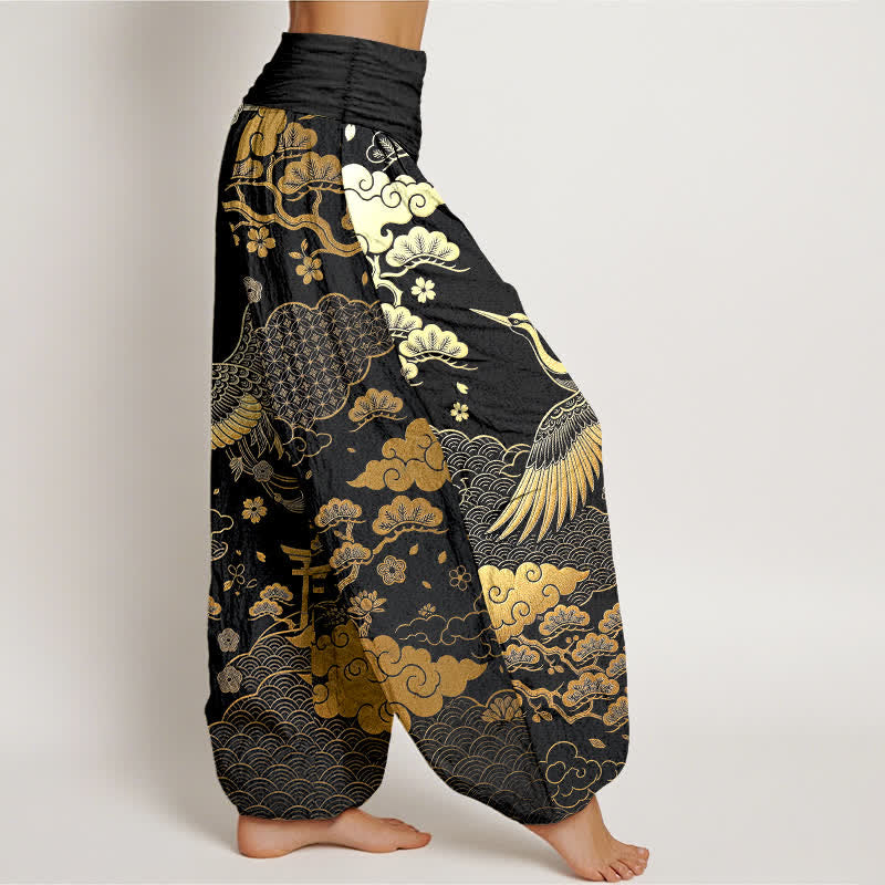 Buddha Stones Pantalon harem à taille élastique pour femme, en coton, motif grues dorées et nuages - image 1