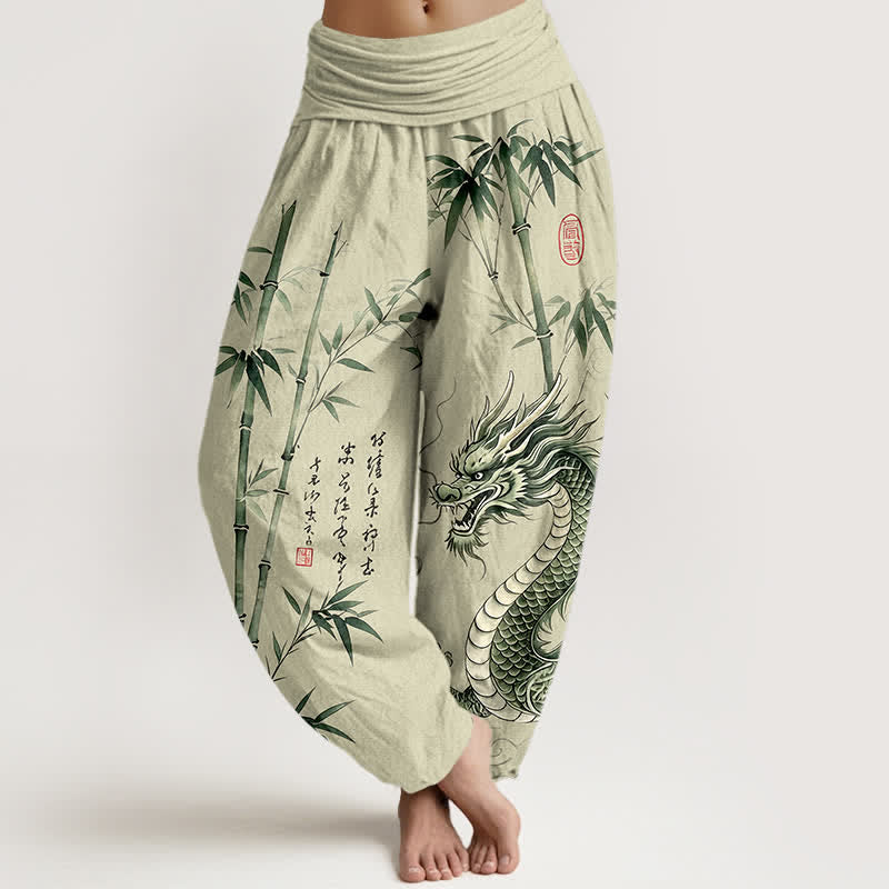 Buddha Stones Pantalon harem à taille élastique pour femme, motif dragon et bambou en coton - Beige - US16，UK/AU20，EU48 (3XL) - image 0