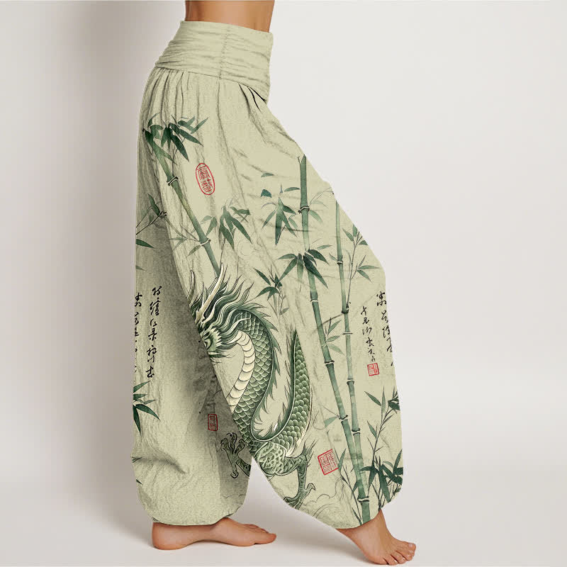 Buddha Stones Pantalon harem à taille élastique pour femme, motif dragon et bambou en coton - image 1