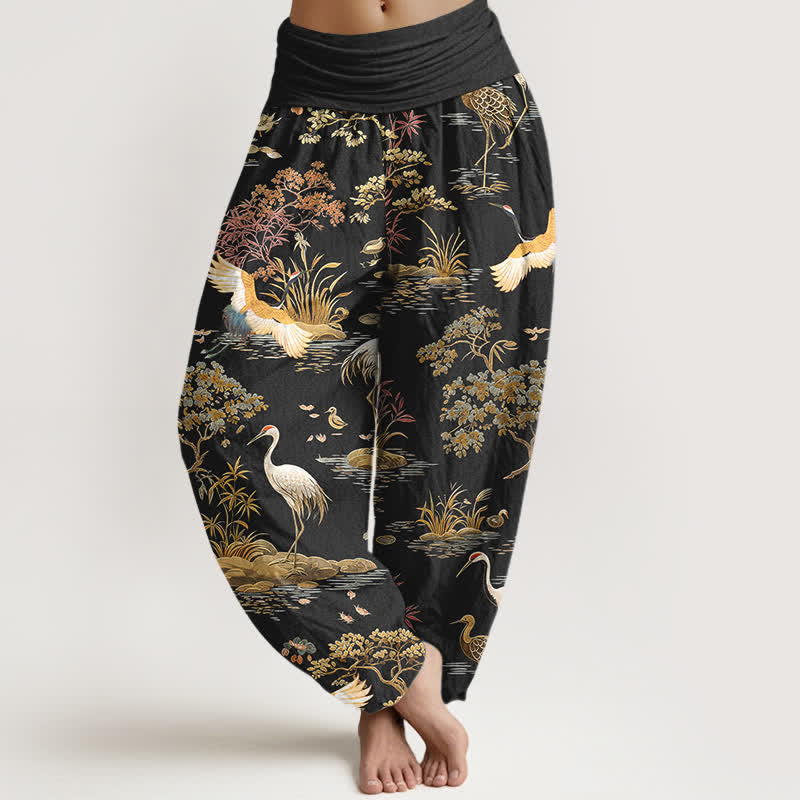 Buddha Stones Pantalon harem à taille élastique pour femme, en coton à motif floral en roseau. - Noir - US16，UK/AU20，EU48 (3XL) - image 0