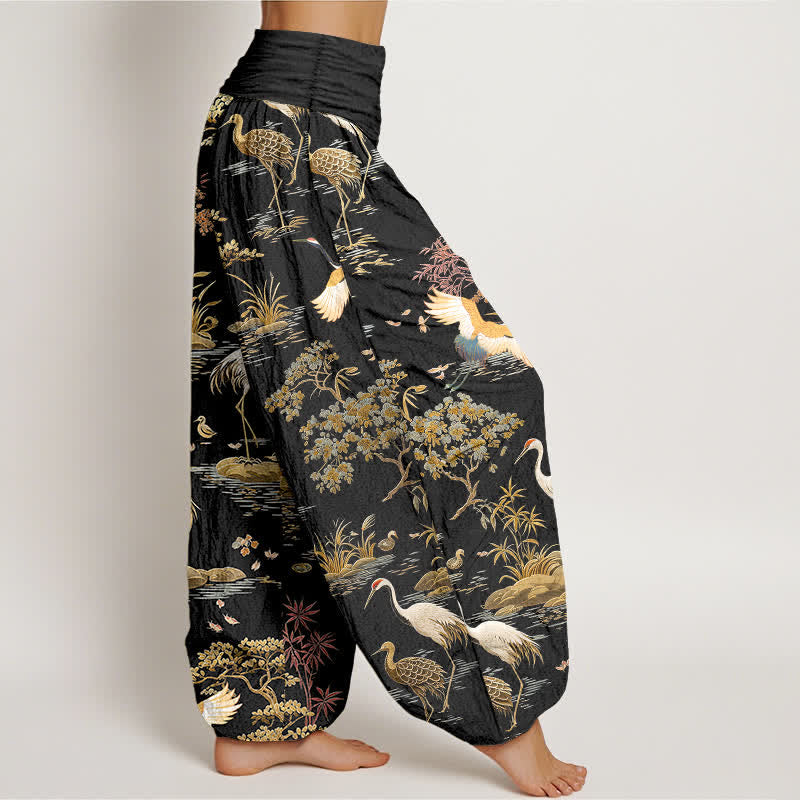 Buddha Stones Pantalon harem à taille élastique pour femme, en coton à motif floral en roseau. - image 1