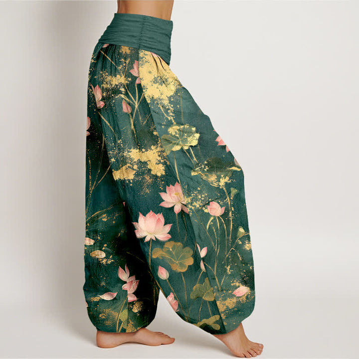 Buddha Stones Pantalon harem à taille élastique pour femme, en coton rose, motif lotus et éclaboussures dorées - image 2