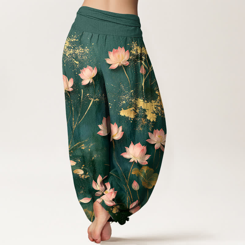 Buddha Stones Pantalon harem à taille élastique pour femme, en coton rose, motif lotus et éclaboussures dorées - image 1