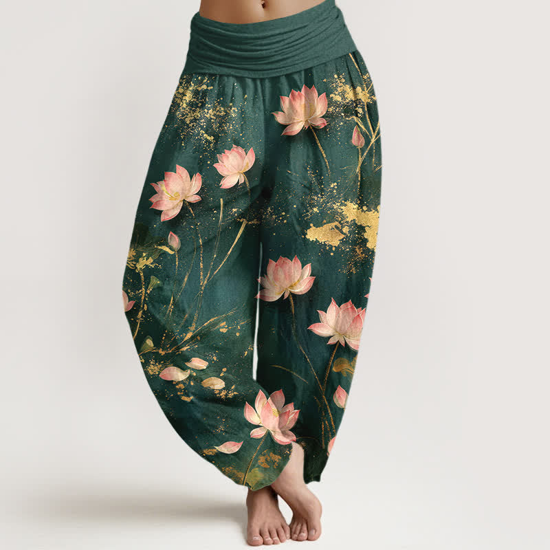 Buddha Stones Pantalon harem à taille élastique pour femme, en coton rose, motif lotus et éclaboussures dorées - Sarcelle - US16，UK/AU20，EU48 (3XL) - image 0