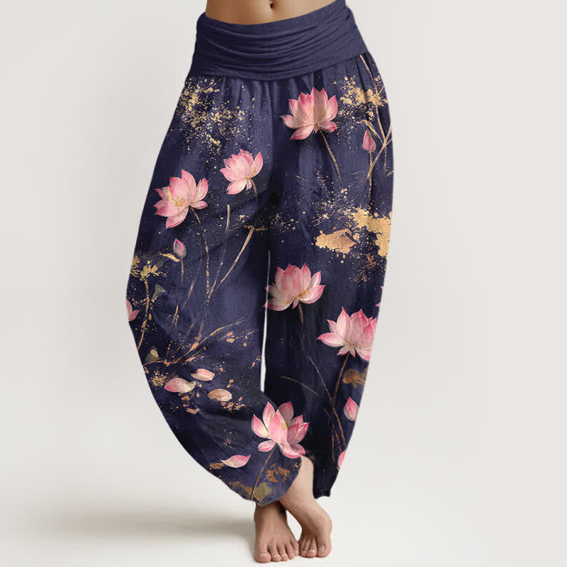 Buddha Stones Pantalon harem à taille élastique pour femme, en coton rose, motif lotus et éclaboussures dorées - Indigo - US16，UK/AU20，EU48 (3XL) - image 5