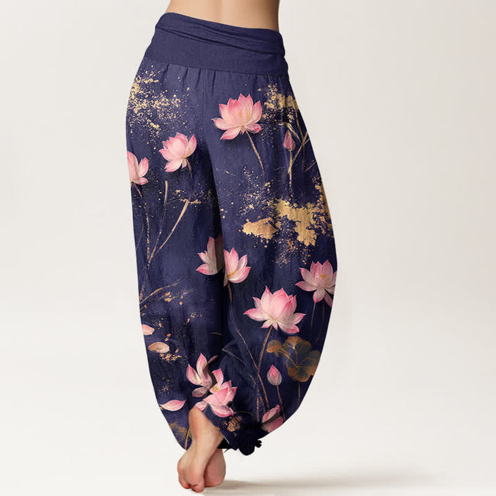 Buddha Stones Pantalon harem à taille élastique pour femme, en coton rose, motif lotus et éclaboussures dorées - image 7