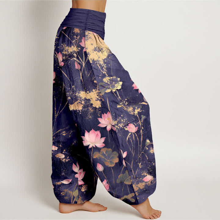 Buddha Stones Pantalon harem à taille élastique pour femme, en coton rose, motif lotus et éclaboussures dorées - image 6