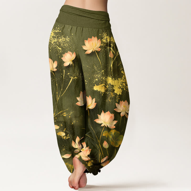 Buddha Stones Pantalon harem à taille élastique pour femme, en coton rose, motif lotus et éclaboussures dorées - image 10