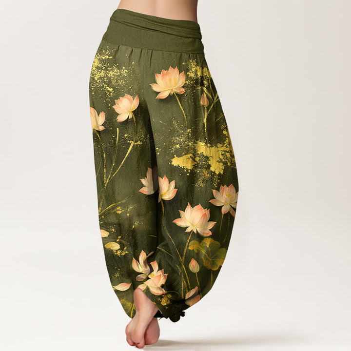 Buddha Stones Pantalon harem à taille élastique pour femme, en coton rose, motif lotus et éclaboussures dorées - image 10