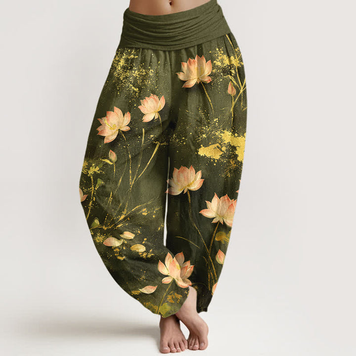 Buddha Stones Pantalon harem à taille élastique pour femme, en coton rose, motif lotus et éclaboussures dorées - Vert olive - US16，UK/AU20，EU48 (3XL) - image 8