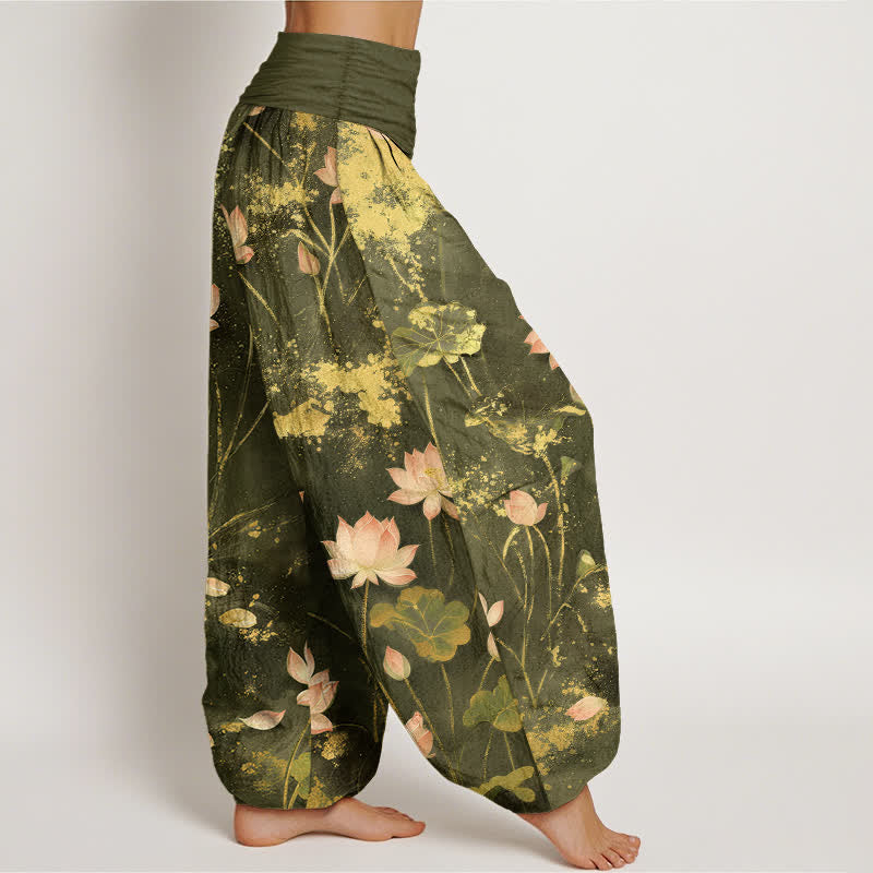 Buddha Stones Pantalon harem à taille élastique pour femme, en coton rose, motif lotus et éclaboussures dorées - image 9