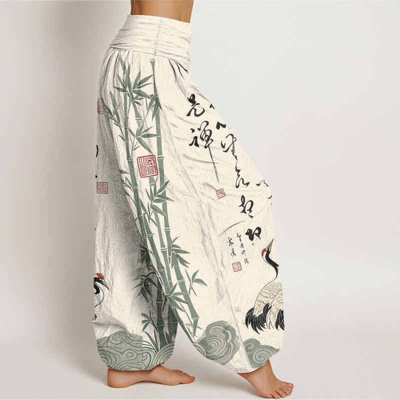 Buddha Stones Pantalon harem à taille élastique pour femme, en coton et bambou, motif de grue calligraphié. - image 1