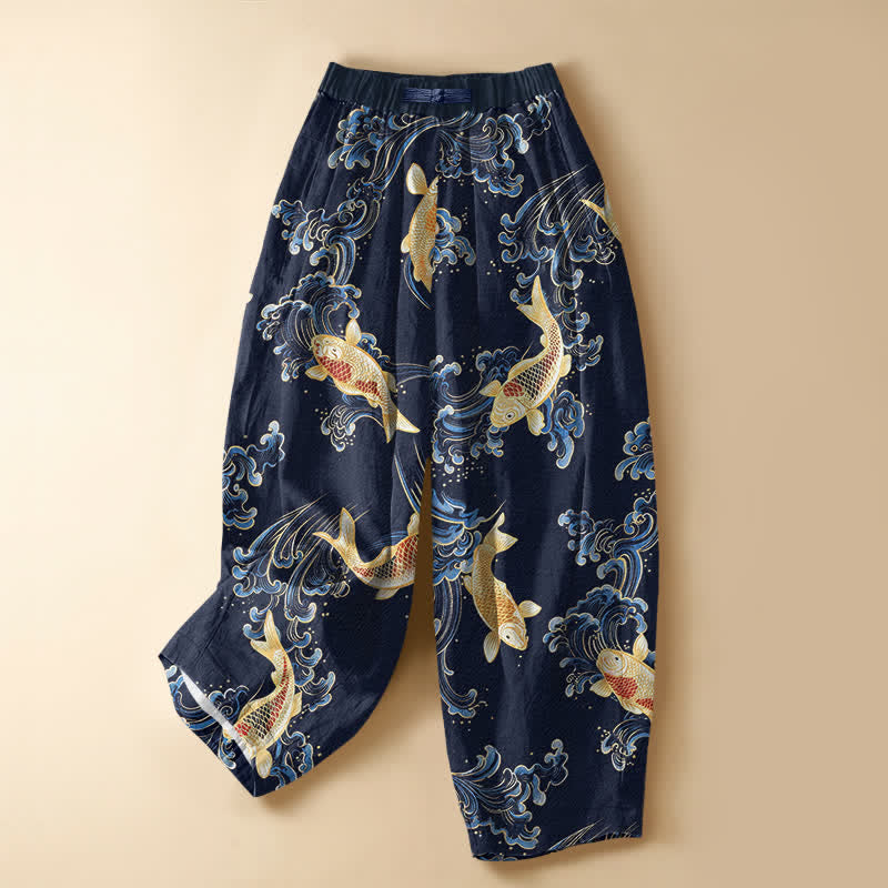 Buddha Stones Pantalon harem pour femme en pur coton, motif vagues koi vintage, boutons grenouille, taille élastique et poches - Marine - US16，UK/AU20，EU48 (3XL) - image 0