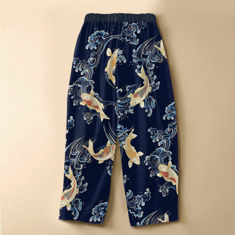 Buddha Stones Pantalon harem pour femme en pur coton, motif vagues koi vintage, boutons grenouille, taille élastique et poches - image 1