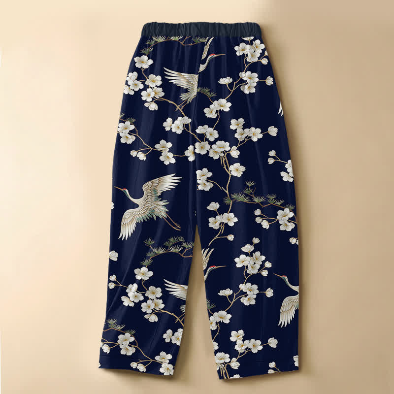 Buddha Stones Pantalon harem pour femme en pur coton, motif vintage de fleurs de grue, boutons grenouille, taille élastique et poches - image 1
