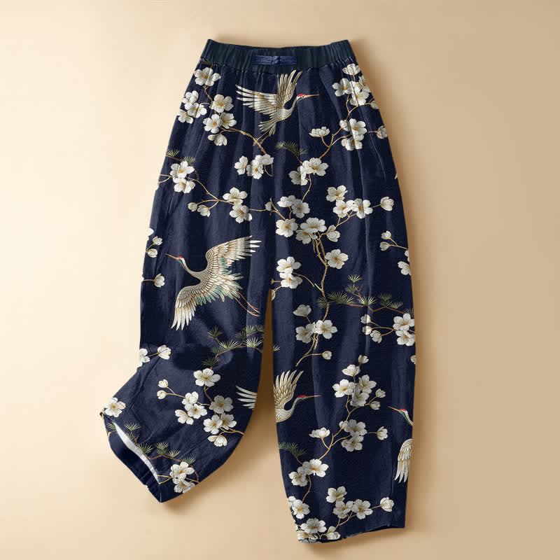 Buddha Stones Pantalon harem pour femme en pur coton, motif vintage de fleurs de grue, boutons grenouille, taille élastique et poches - Marine - US16，UK/AU20，EU48 (3XL) - image 0